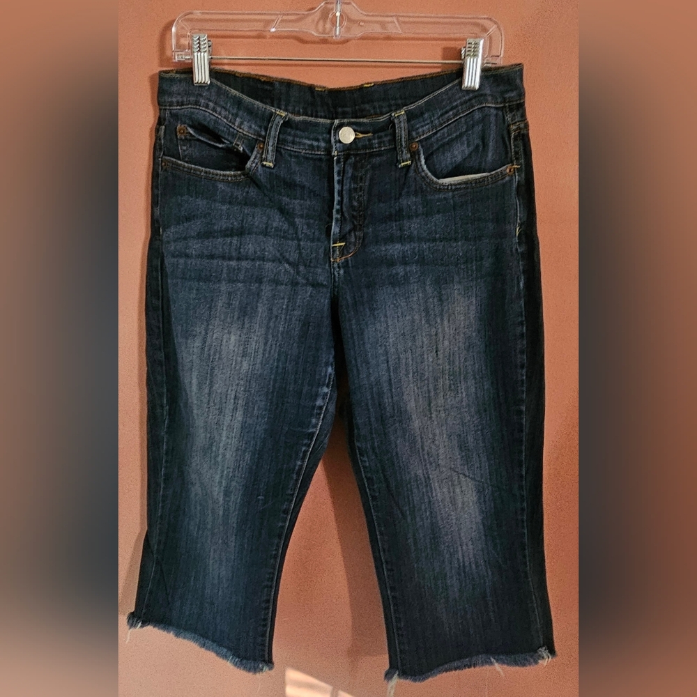 Lucky Brand Denim Capris Dark Blue Wash Fringe Bottom Size 10